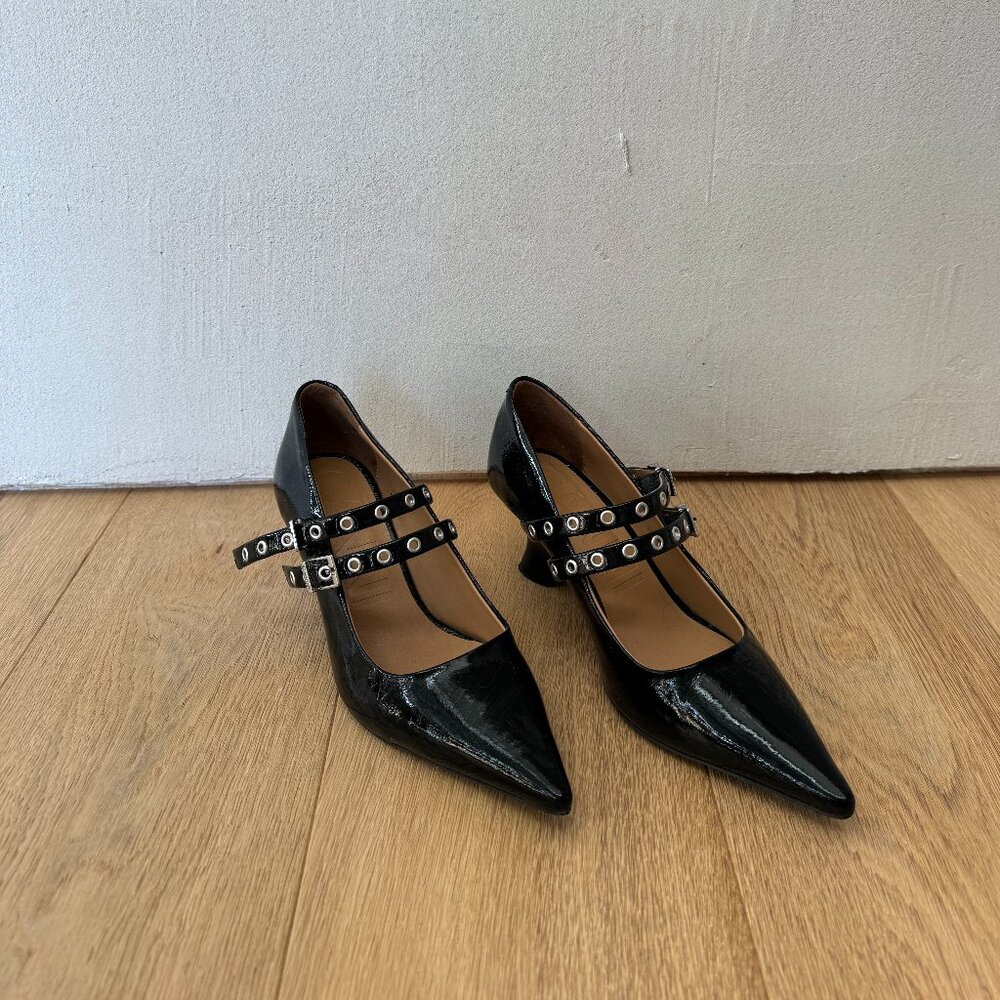 GANNI Black Eyelets Low Wedge Heels Size 37